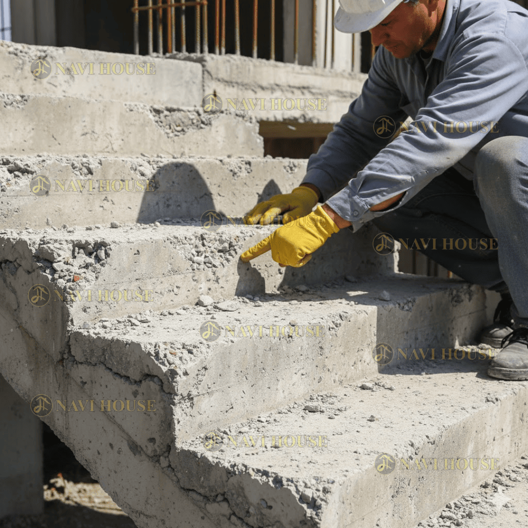 Đổ bê tông cầu thang quá nhanh hoặc không dùng đầm run hoặc dùng sai cách dẫn đến rỗ mặt bậc
